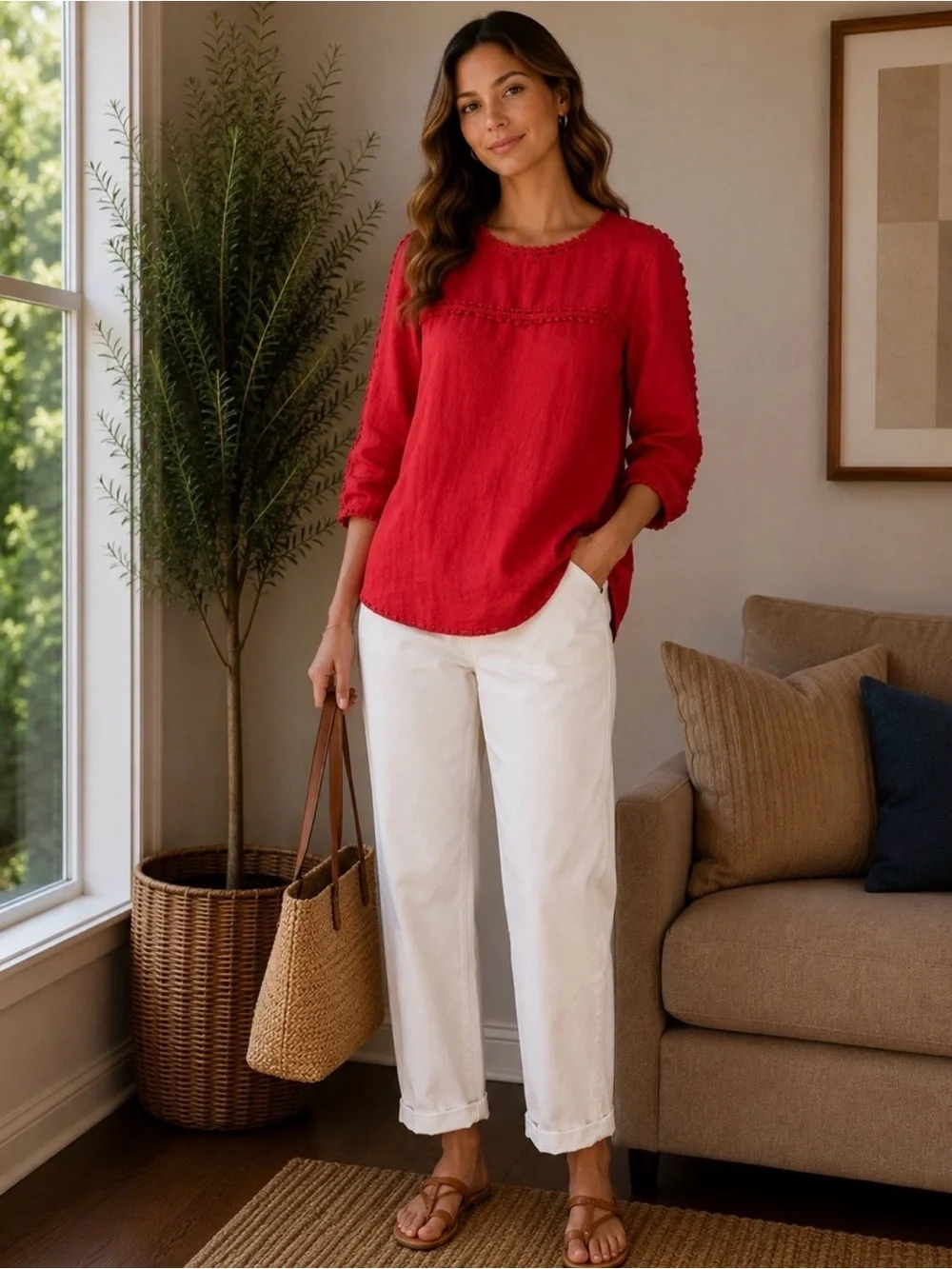 J Crew Embroidered linen top Size 4 Vibrant Red F0825 Lightweight Breathable